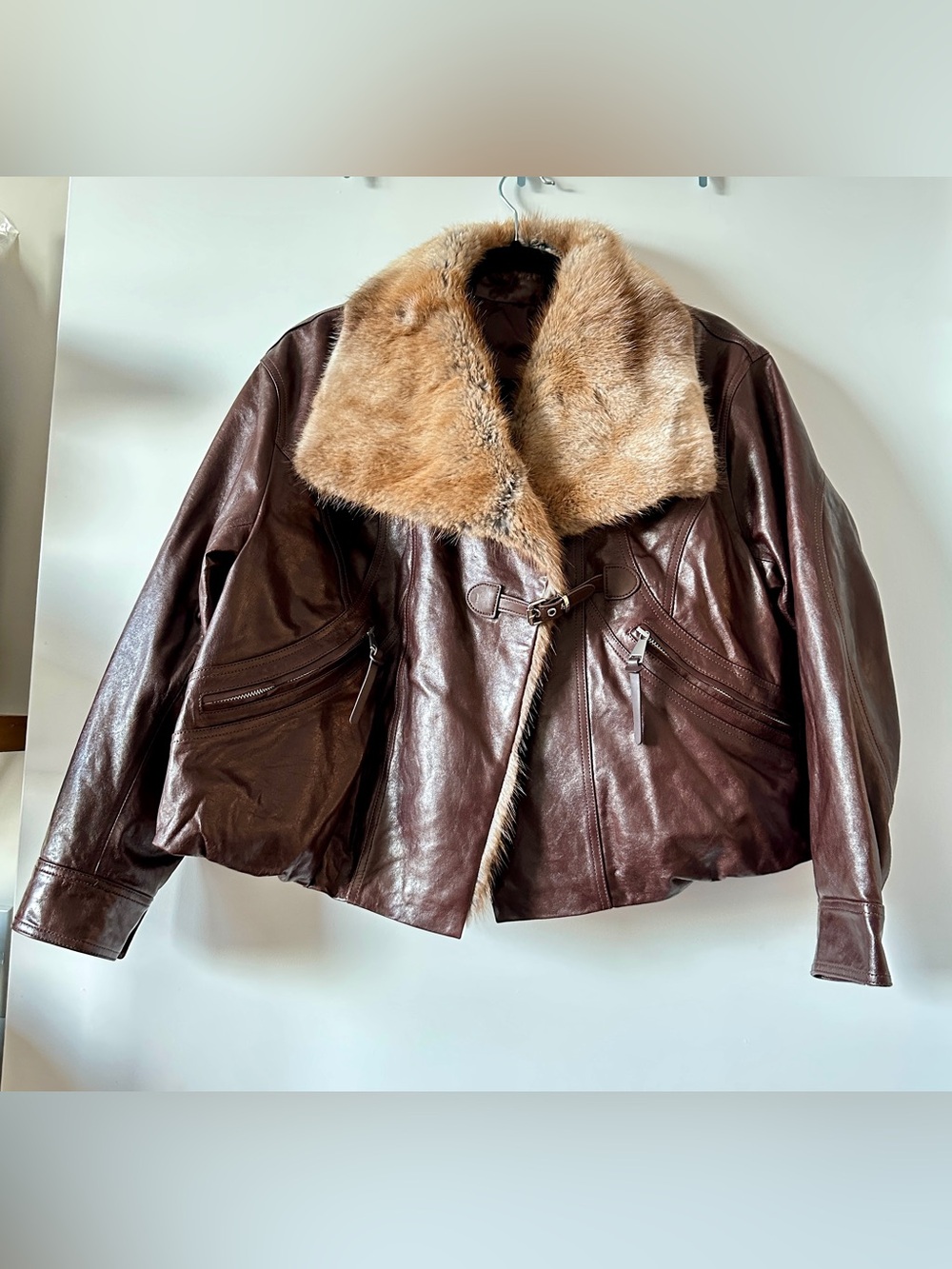 Chocolate Brown Genuine Leather Goose Down Fur Collar Jacket S